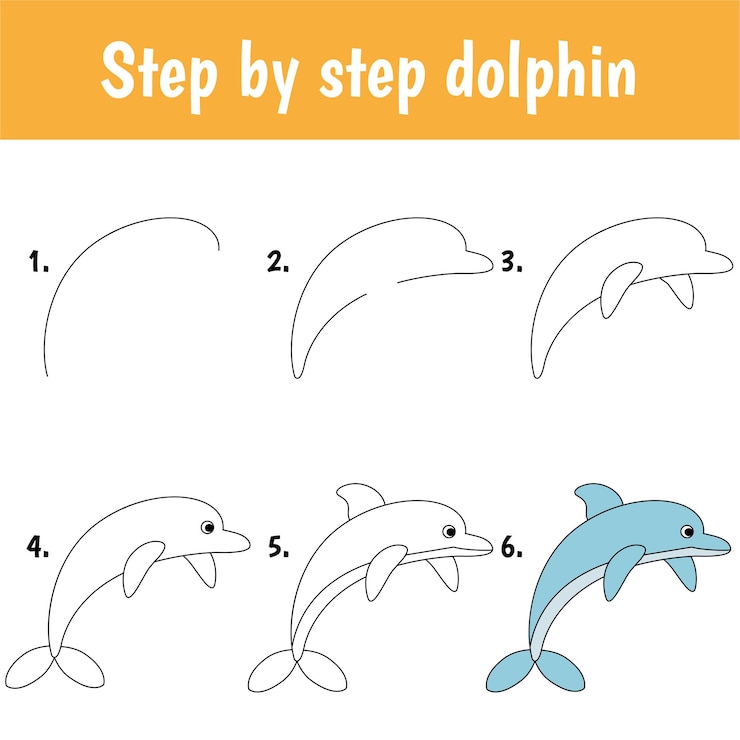 Vetor tutorial de desenho para crianças. nível fácil. folhas de educação. como desenhar um golfinho
