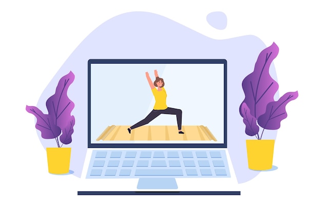 Tutorial de esportes online, estúdios de Yoga streaming de conceitos. Trabalhar em casa. Ilustração vetorial