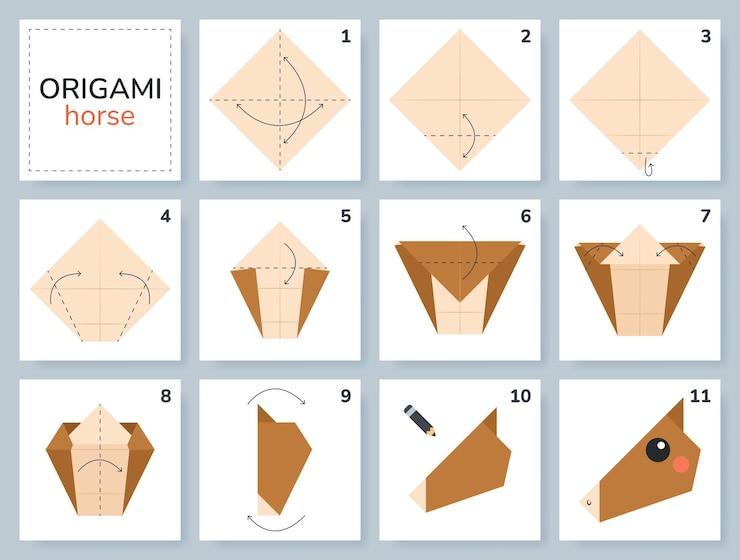 Vetor tutorial de esquema de origami de cavalo modelo em movimento origami para crianças passo a passo