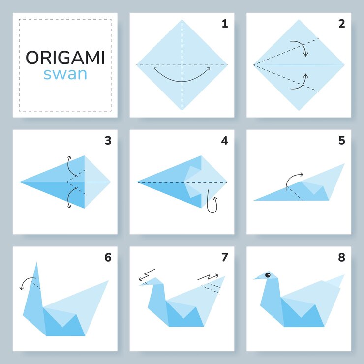 Vetor tutorial de esquema de origami de cisne movendo modelo origami para crianças passo a passo como fazer um origami fofo