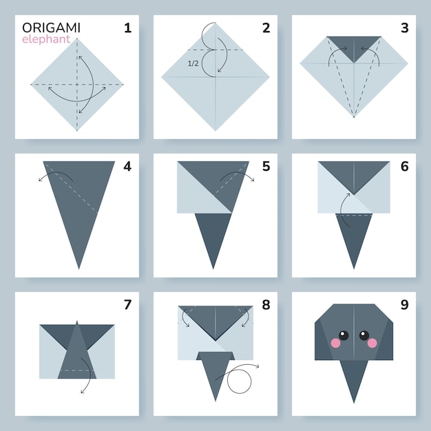 Tutorial de esquema de origami de elefante modelo em movimento origami para crianças passo a passo