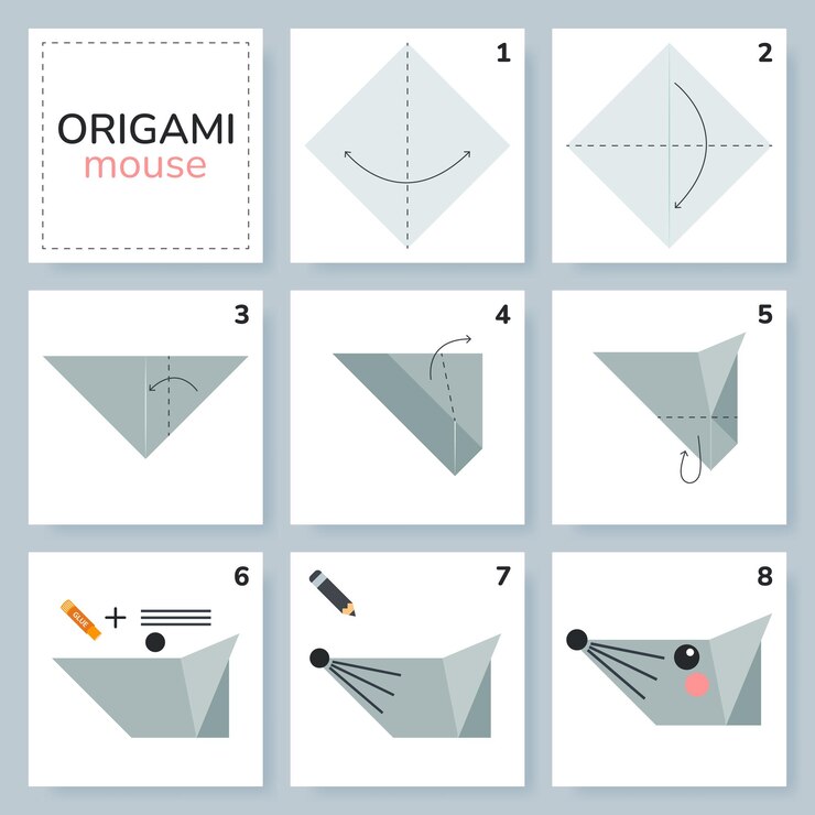 Vetor tutorial de esquema de origami de mouse movendo modelo origami para crianças passo a passo