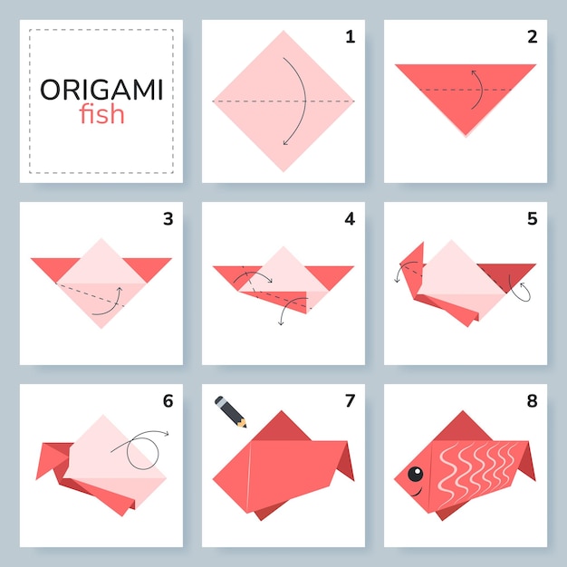 Vetor tutorial de esquema de origami de peixe modelo móvel de origami para crianças passo a passo como fazer um origami bonito