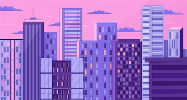 Twilight arranha-céus chill lo fi fundo edifícios altos pôr-do-sol crepúsculo 2D desenho animado paisagem urbana ilustração roxo lofi papel de parede desktop pôr-do-sol estética anos 90 arte retro vibrações sonhadoras