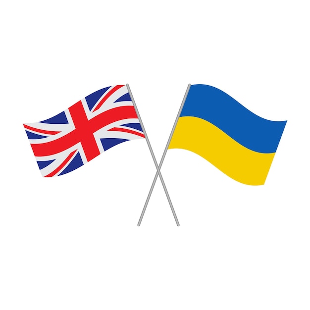 Ucrânia e grã-bretanha cruzaram bandeiras isoladas em ilustração vetorial de fundo branco