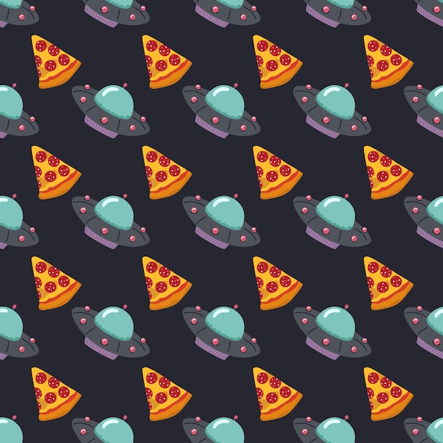 Vetor ufo e pizza padrão sem costura em uma ilustração vetorial de fundo escuro