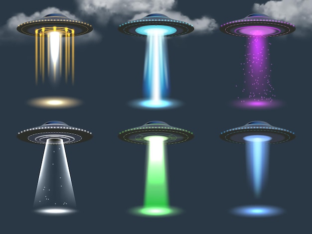 Vetor ufo holofote. transporte cósmico ambiente, iluminação alienígena, efeito brilhante realista de naves espaciais definidas