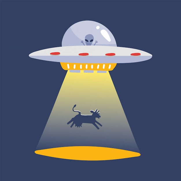 Ufo seqüestrando uma silhueta de vaca. nave espacial estrangeira, etiqueta de desenho animado futurista objeto voador desconhecido isolada. ilustração plana