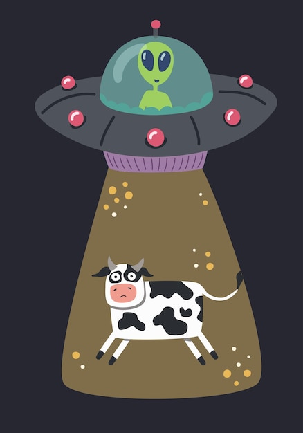 UFOs abduzem uma ilustração vetorial de alienígenas de vaca isolada em fundo branco