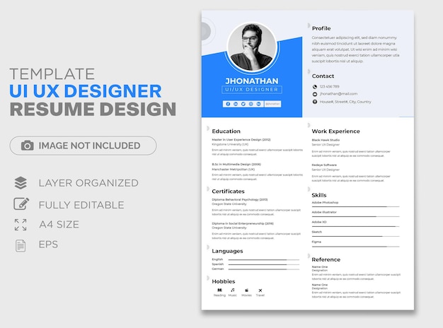 Vetor ui ux designer resume template (template de currículo do designer uix).