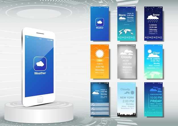 Vetor ui, ux para o modelo de aplicativo móvel, aplicativo climático