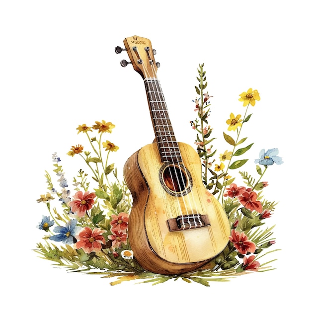 Vetor ukulele bonito e flores ilustração vetorial em estilo aquarela