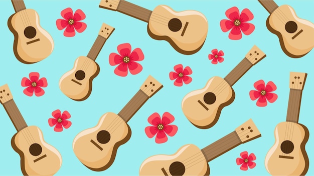 Vetor ukulele e padrão de flores para fundo havaiano