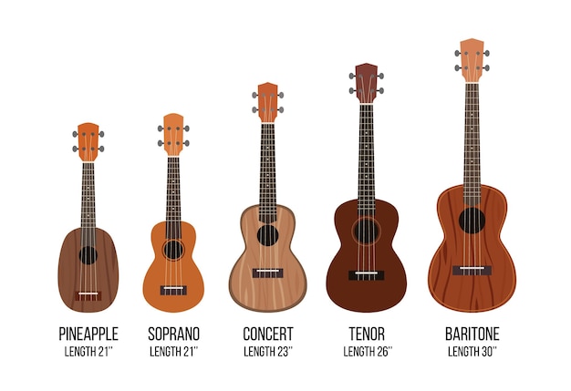 Ukulele isolado no branco, diferentes tamanhos de instrumento musical