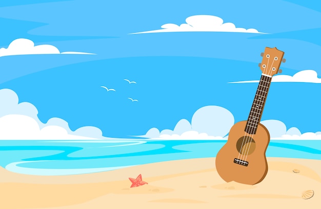 Ukulele na praia com dia de céu azul