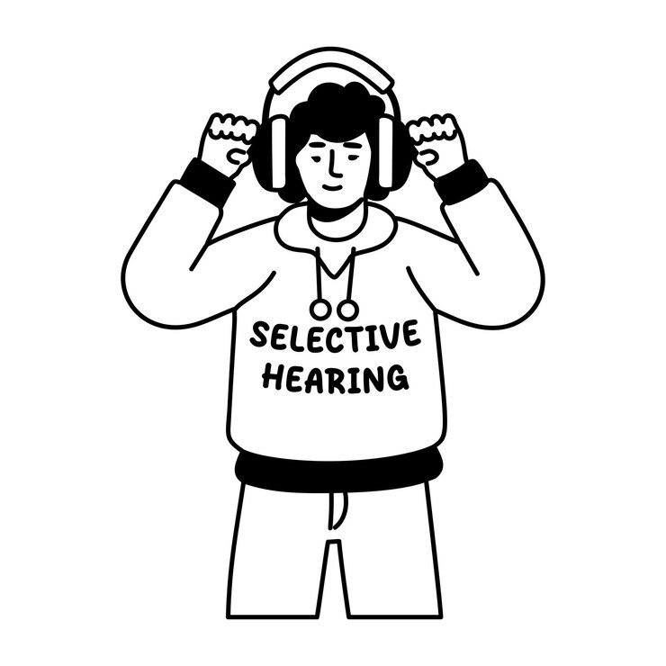 Vetor um adesivo de glifo de uma pessoa ouvindo música com tipografia de audição seletiva