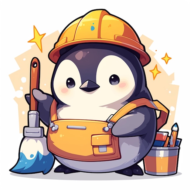 Um adorável pintor de pinguins ao estilo de desenhos animados.