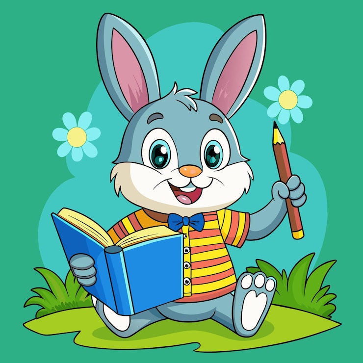 Vetor um alegre coelho de desenho animado com pelagem azul e orelhas grandes usa uma roupa colorida de pé com confiança em um fundo simples exalando uma vibração lúdica