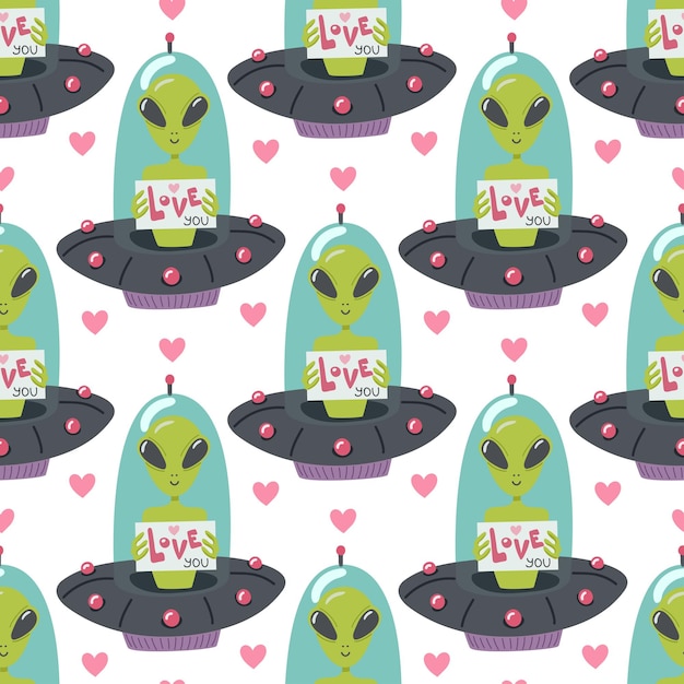 Vetor um alienígena segura um sinal com uma declaração de amor ufo estilo de desenho animado ilustração vetorial padrão sem costura