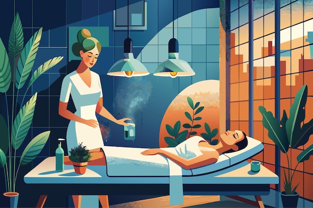 Um ambiente de spa sereno com uma mulher recebendo um tratamento mimado
