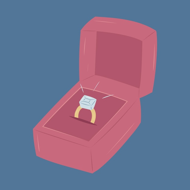 Vetor um anel de noivado de ouro com uma pedra azul numa caixa vermelha