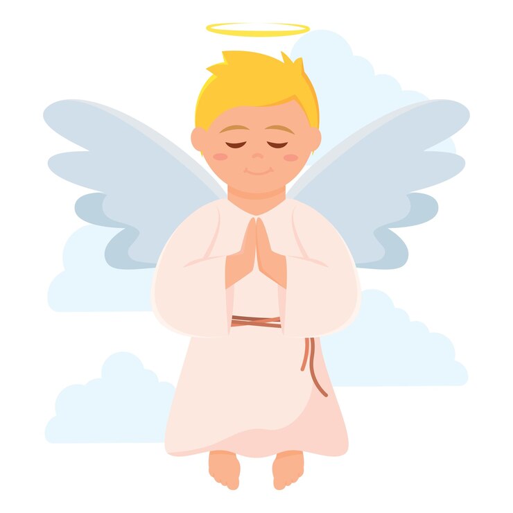 Vetor um anjo bonito com halo a voar entre as nuvens.