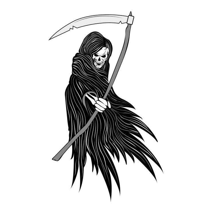 Vetor um anjo da morte com asas e uma foice em uma mão óssea scull halloween