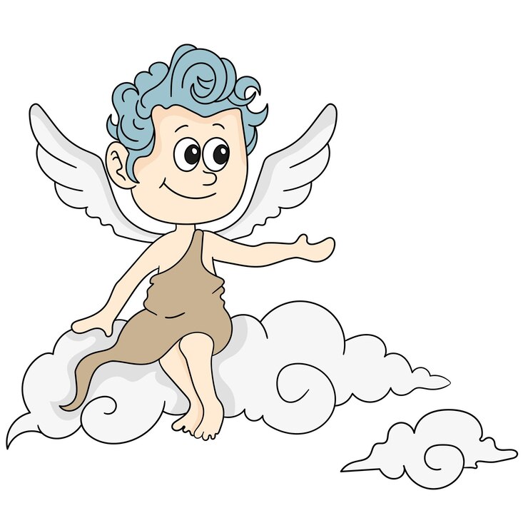 Vetor um anjo sentado numa nuvem. emoticon de adesivo de ilustração de desenho animado
