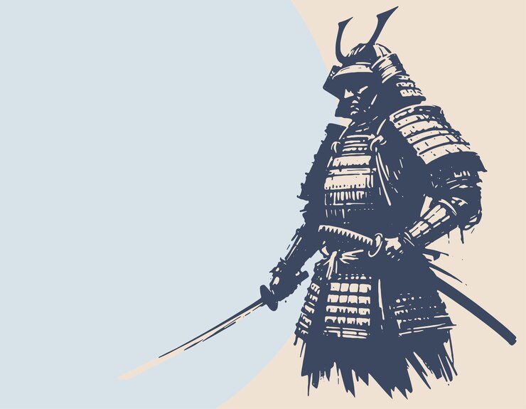 Vetor um antigo guerreiro japonês em armadura com uma espada em um estêncil vetorial desenhando em um fundo claro
