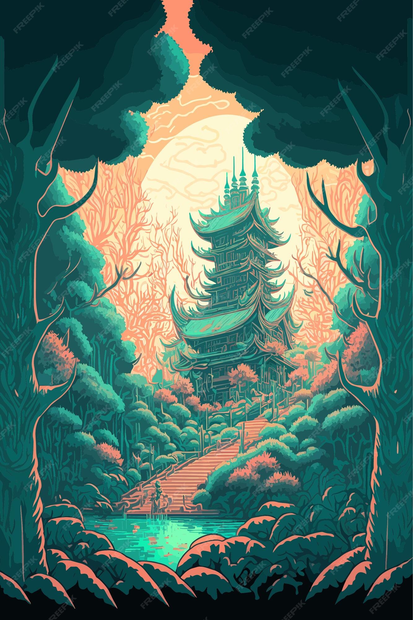 Um antigo templo na floresta encantada à noite. desenho de anime