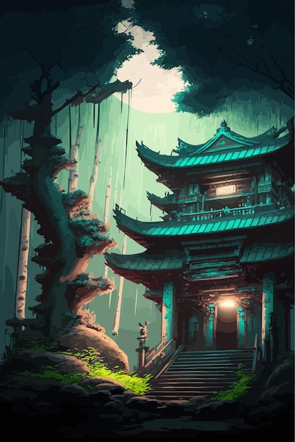 Um antigo templo na floresta encantada à noite. Desenho de anime japonês, estilo de arte digital.