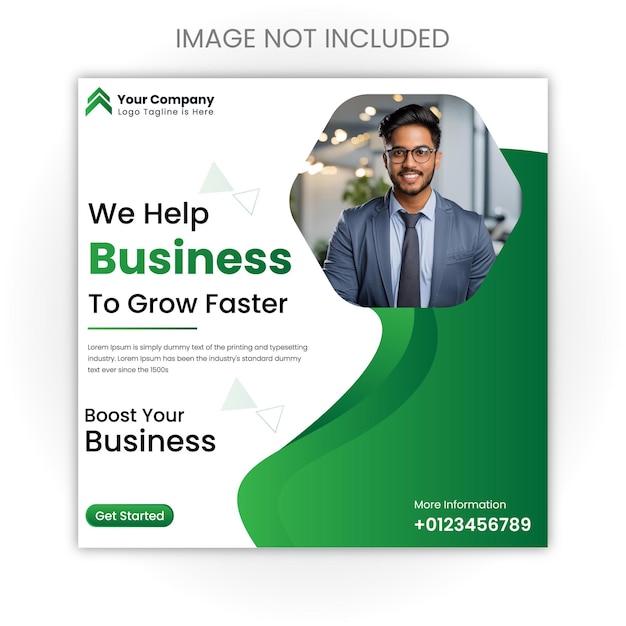 Um anúncio comercial verde e branco para uma empresa chamada "Ajudamos a crescer mais rápido".