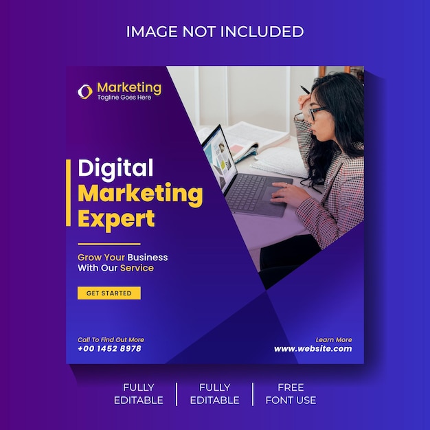 Um anúncio roxo e roxo para especialista em marketing digital