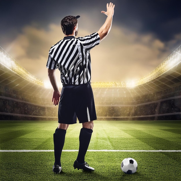 um árbitro em um estádio com a palavra árbitro na parte de trás de sua camisa