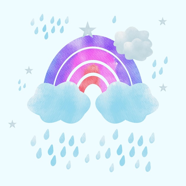 Um arco-íris aquarela e chuva com uma estrela nele
