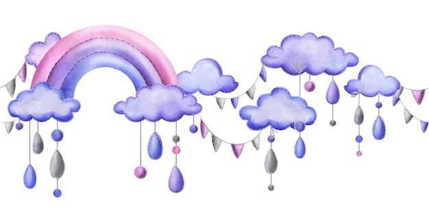 Vetor um arco-íris costurado com nuvens e gotas de chuva penduradas em cordas de azul roxo e rosa infantil