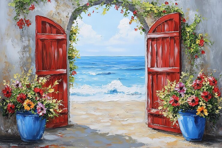 Vetor um arco que leva à praia flores vibrantes em vasos azuis em cada lado da pintura da porta detalhada