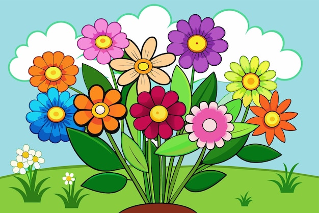 Vetor um arranjo colorido de flores com diferentes cores e formas