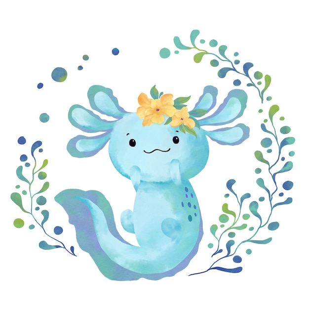 Um axolotl azul com uma coroa de flores