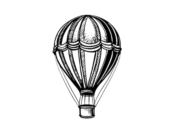 Um balão de ar quente é desenhado em um fundo branco e tem a palavra ar quente nele.