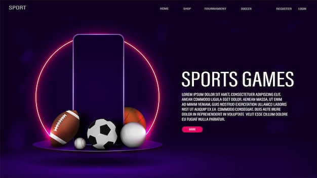 Um banner da web com um smartphone e bolas para futebol, basquete, vôlei e beisebol em um pódio 3D com uma moldura de néon em um fundo roxo Um conceito para apostas esportivas