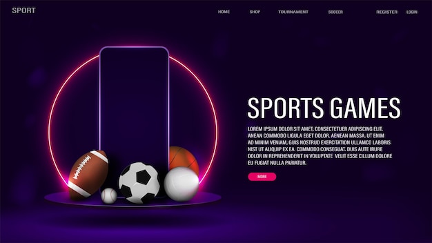 Um banner da web com um smartphone e bolas para futebol, basquete, vôlei e beisebol em um pódio 3d com uma moldura de néon em um fundo roxo um conceito para apostas esportivas