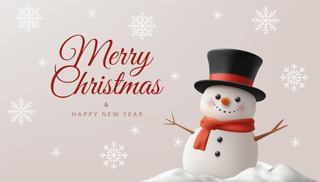 Um banner de Natal 3D alegre com um bonito personagem de boneco de neve com um chapéu cercado