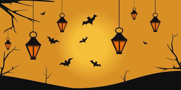 Um banner plano para halloween landscape em tons de preto e laranja com morcegos e lanternas