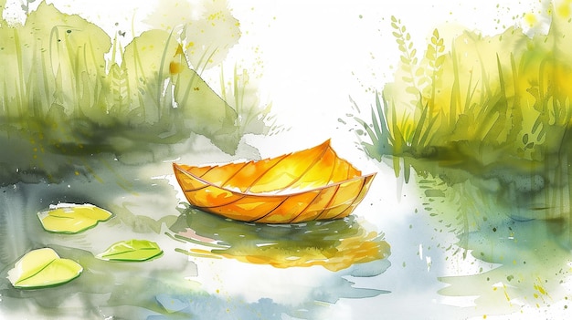 Vetor um barco de folhas em uma pequena lagoa ilustração de aquarela brilhante no estilo de um livro infantil para um vídeo