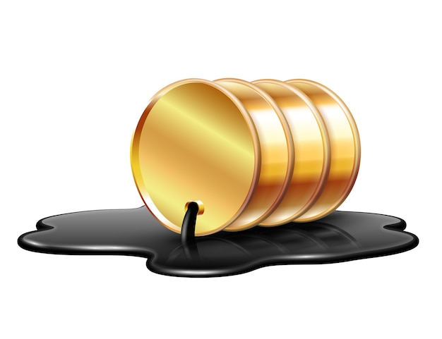 Um barril de óleo dourado está deitado em uma poça de óleo cru derramado. conceito de crise da indústria de petróleo. ilustração isolada no fundo branco