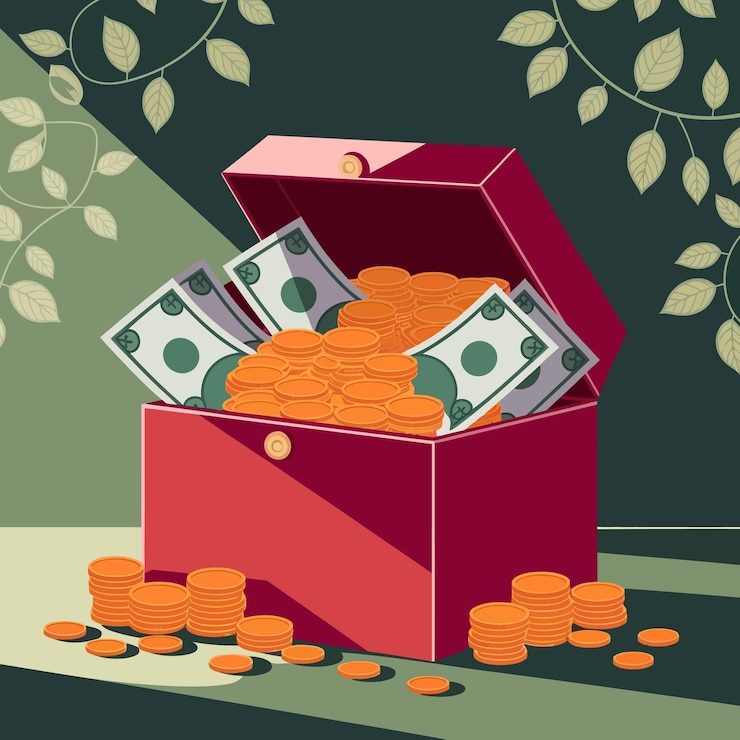 Vetor um baú vermelho está cheio de pilhas de moedas de ouro e notas de dólar