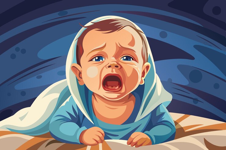 Vetor um bebê chorando com um cobertor que diz chorar