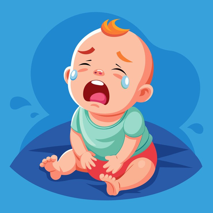 Vetor um bebê chorando com um fundo azul que diz um bebê gritando