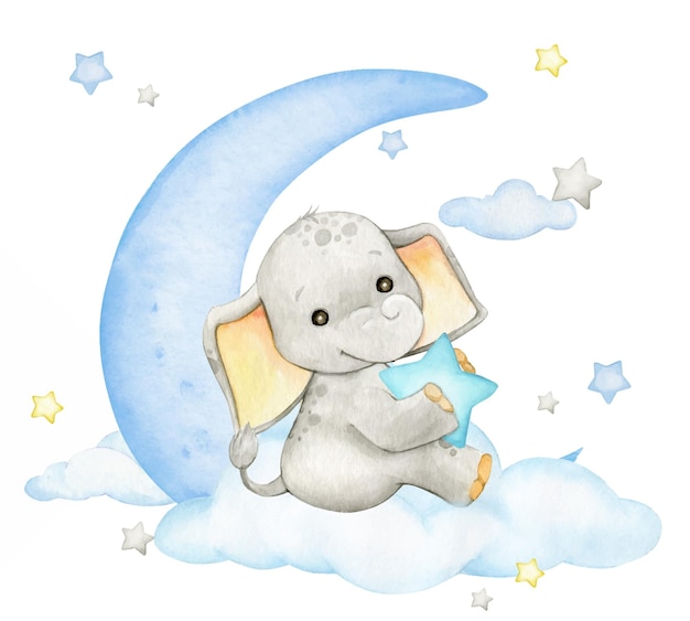 Vetor um bebê elefante bonito está segurando uma estrela azul sentada nas nuvens contra a lua